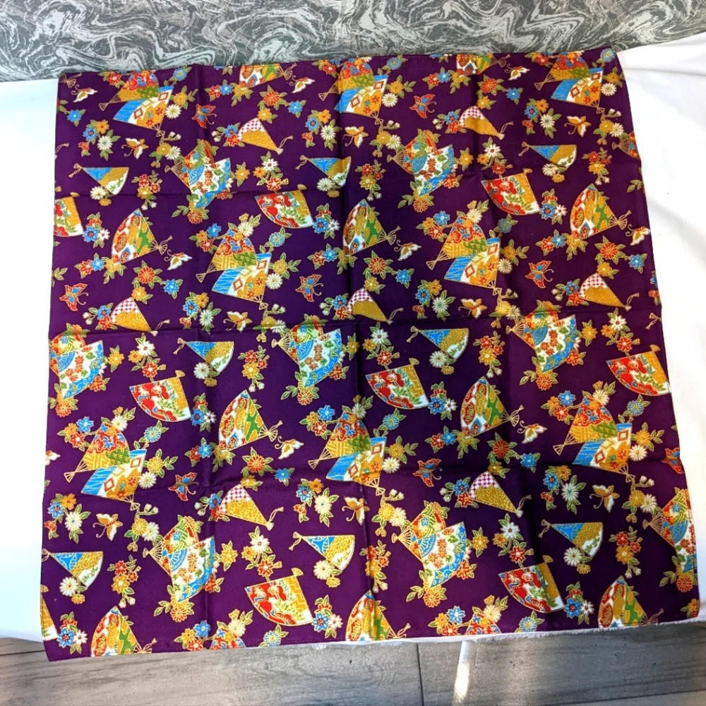 NWOT Vintage Japanese Handkerchief -  Flowers Butterflies Fans